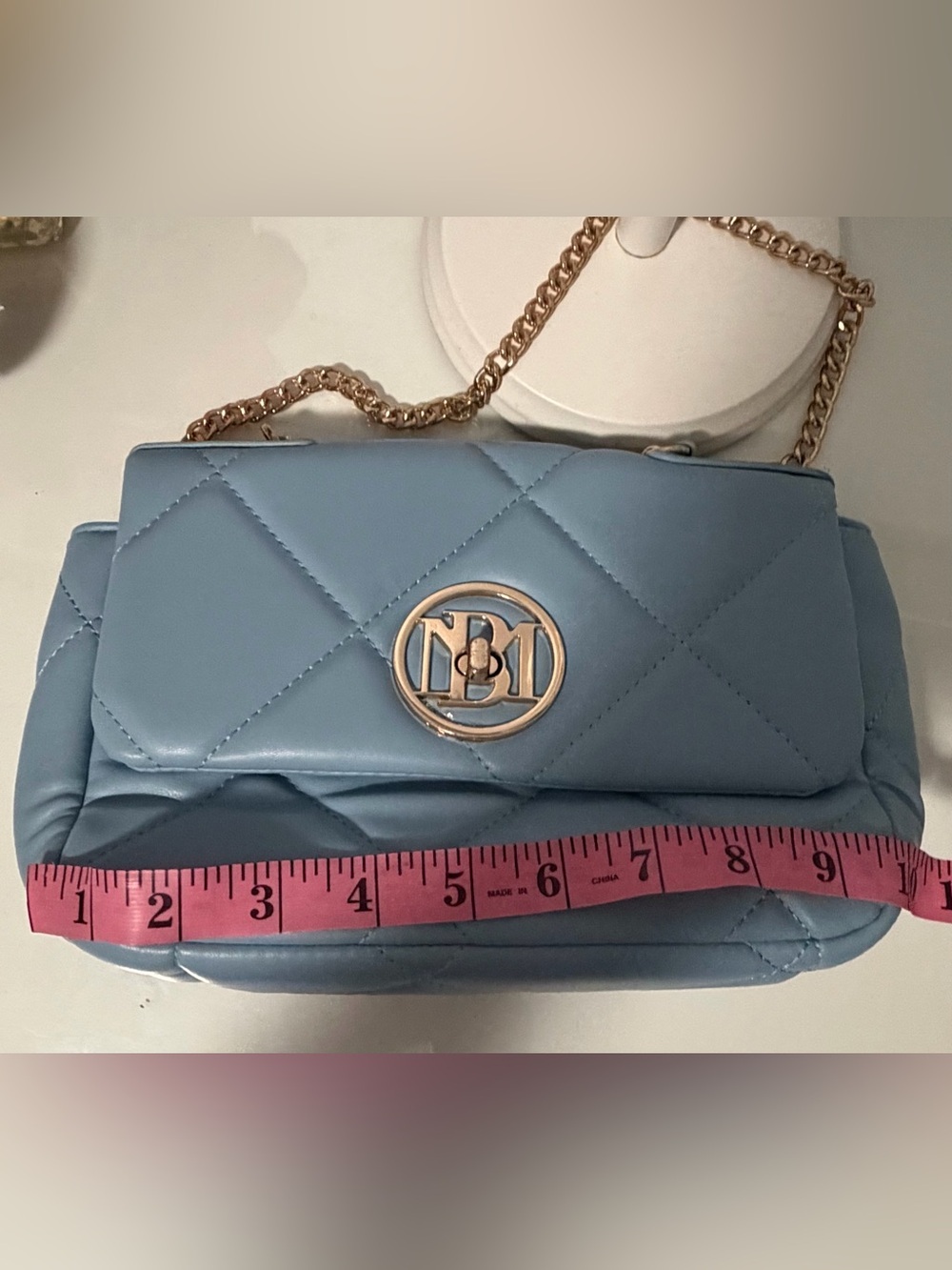 Quilted Light Blue Crossbody with Gold Chain and Round Logo - Picture 10 of 11